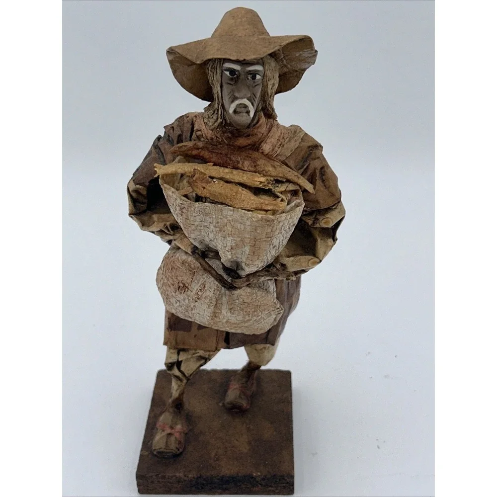 Vintage Authentic Mexican Paper Mache Man Folk Art Figurine With Bag Of Fish